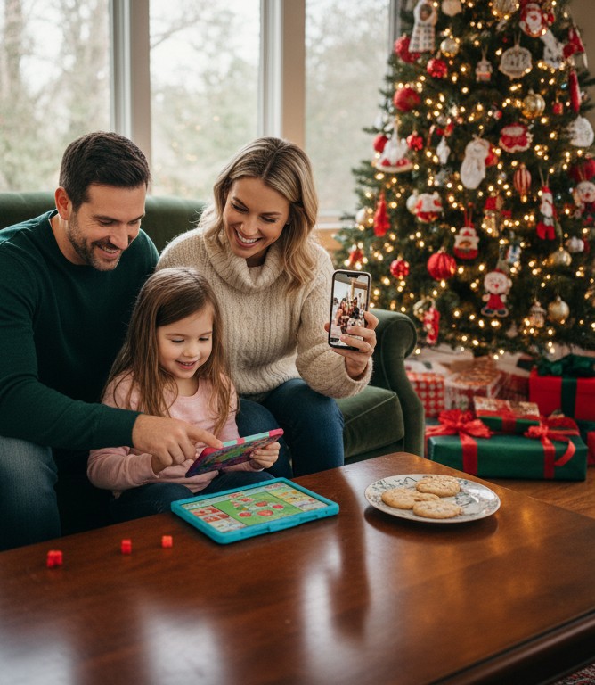 A family gathered by the Christmas tree, taking a photo together on a tablet