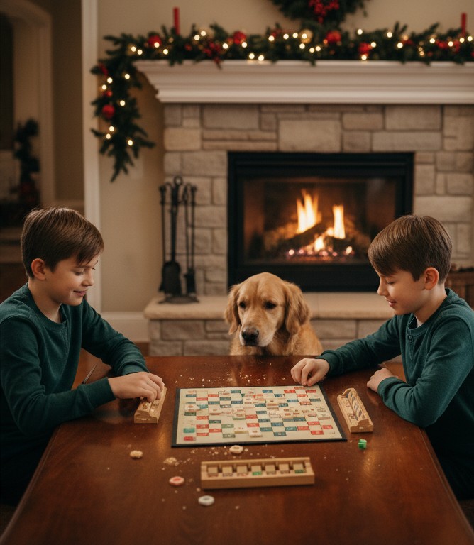 Two brothers playing a board game by the fireplace with their dog